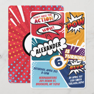 Boy's Superhero Comic Book Anniversaire Invitation