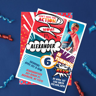 Boy's Superhero Comic Foto Geburtstag Einladung