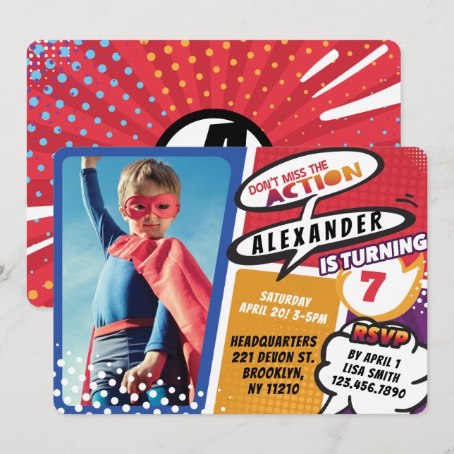 Boy's Superhero Comic Foto Geburtstag Einladung (Vorne/Hinten)