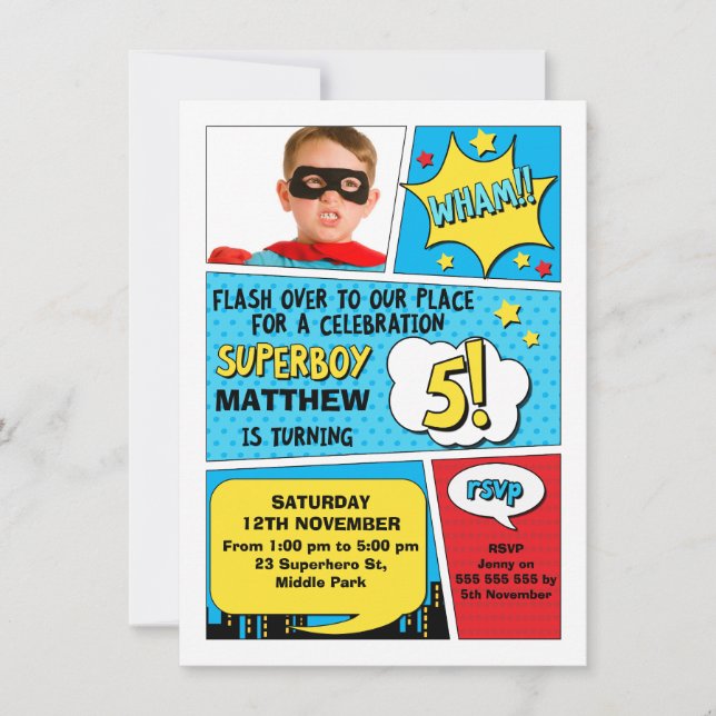 Boys Superhero Foto 5. Geburtstag Einladung (Vorderseite)