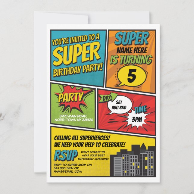 Boy's Superhero Invitation Party Blue Red Comic (Devant)