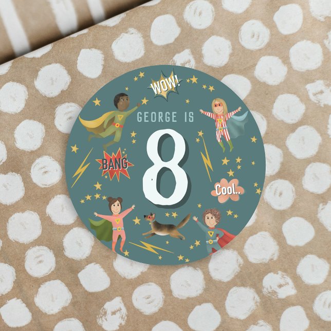 Boys Superhero Kinder alt Geburtstag Runder Aufkleber (Von Creator hochgeladen)