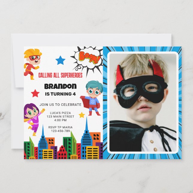 Boys Superhero Photo Anniversaire Fête Invitation (Devant)