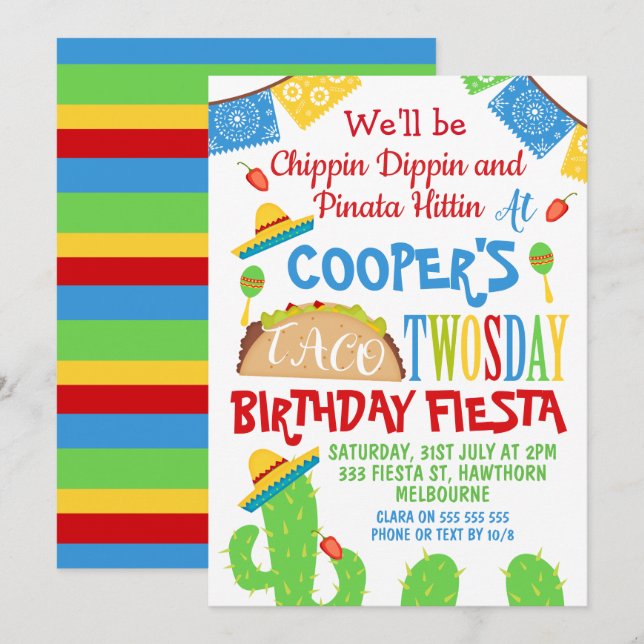 Boys Taco Invitation pour le 2e anniversaire (Devant / Derrière)