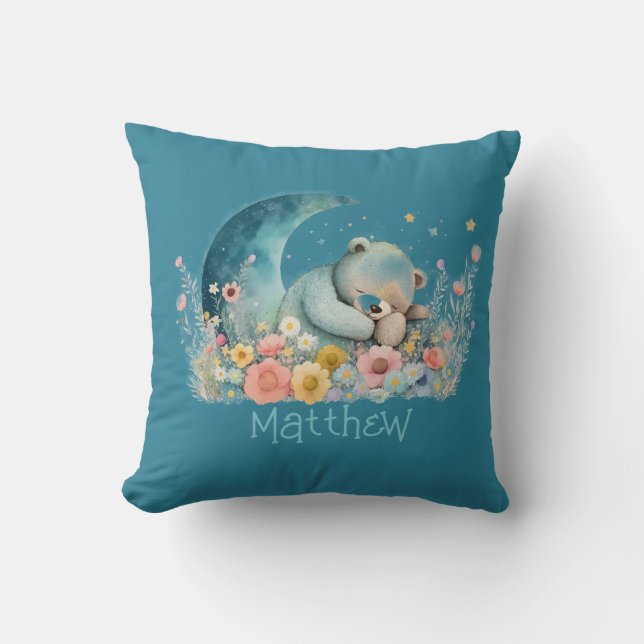 Boys Teddy Bar Wildblumen Moon Personalisiert Kissen (Vorderseite)