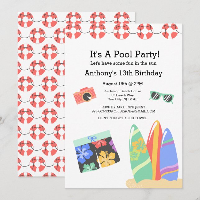 Boys Teen Pool Party Geburtstag Einladung (Vorne/Hinten)