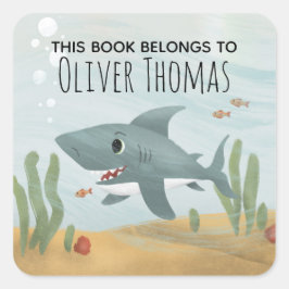Boys "This Book Belongs" Blue Shark Kids Buchzeich Quadratischer Aufkleber