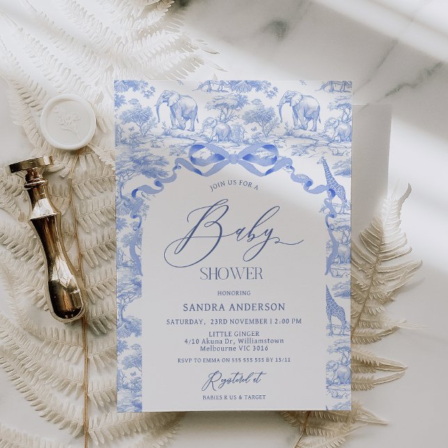 Boys Toile De Jouy Blue Baby Shower Invitation Einladung (Safari Baby Shower Invitation BLUE, Toile Shower Invite,Toile De Jouy Blue Baby Shower Invitation)