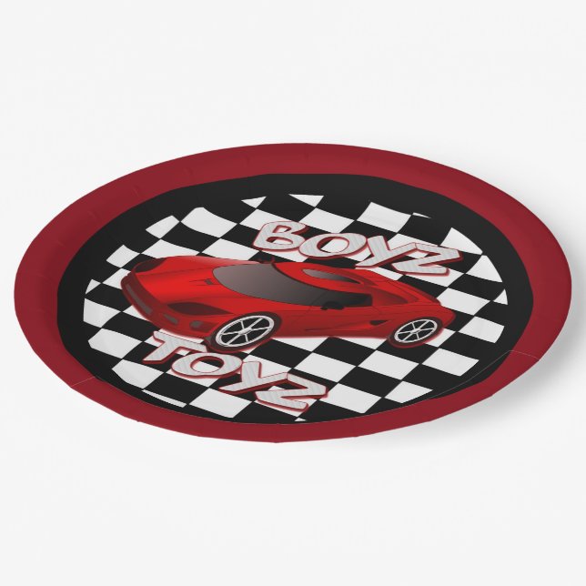 Boys Toys Red Sports Car Pappteller (Schrägansicht)