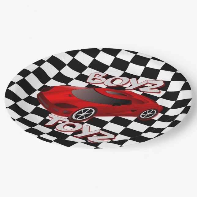 Boys Toys Red Sports Car Scheckpapier-Teller Pappteller (Schrägansicht)