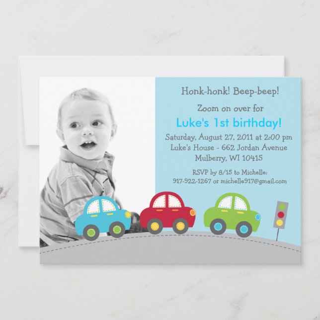 Boys Transportation Car Foto Geburtstag Einladunge Einladung (Vorderseite)