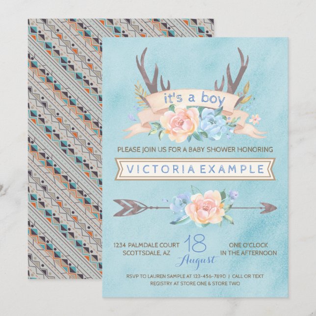 Boys Tribal Antler Baby Shower Einladungen (Vorne/Hinten)