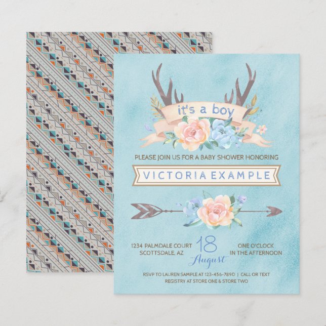 Boys Tribal Antler Boho Baby Shower Einladungen (Vorne/Hinten)