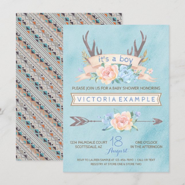 Boys Tribal Antler Floral Baby Shower Einladungen (Vorne/Hinten)