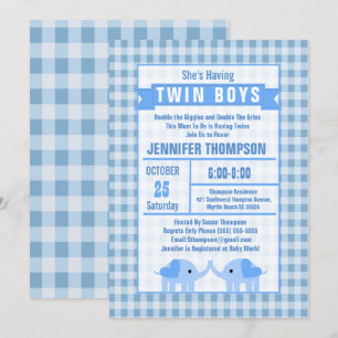Boys Twin Elephant Baby Shower Blue Gingham Einladung