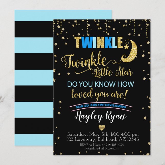 Boys Twinkle Twinkle Little Star Blue Baby Dusche Einladung (Vorne/Hinten)