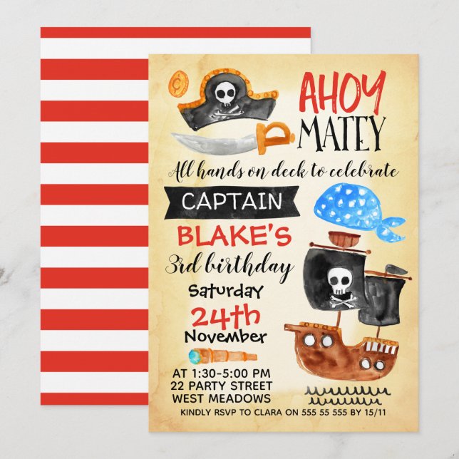 Boys Watercolor Ahoy Pirate Einladung zum Geburtst (Vorne/Hinten)