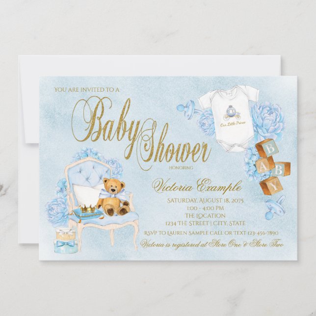 Boys Watercolor Blue Gold Baby Dusche Einladung (Vorderseite)