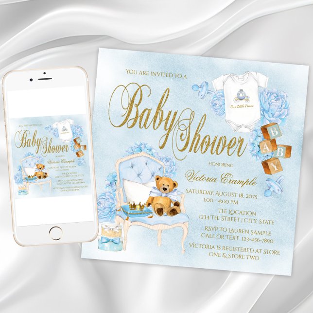 Boys Watercolor Blue Gold Baby Shower Einladungen (Boy watercolor baby shower invitation. Instant download and printed invitations available.)