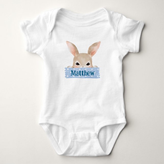 Boys Watercolor Blue Oaster Bunny Baby Strampler (Vorderseite)