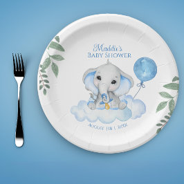 Boys Watercolor Elephant Baby Shower Paper Plate Pappteller