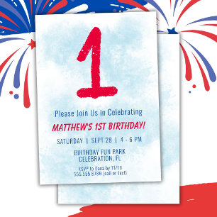 Boys Watercolor Kids Blue 1. Geburtstag Einladung