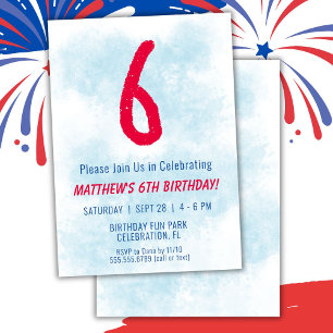Boys Watercolor Kids Blue 6. Geburtstag Einladung