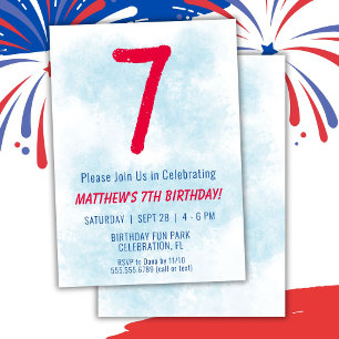 Boys Watercolor Kids Blue 7. Geburtstag Einladung