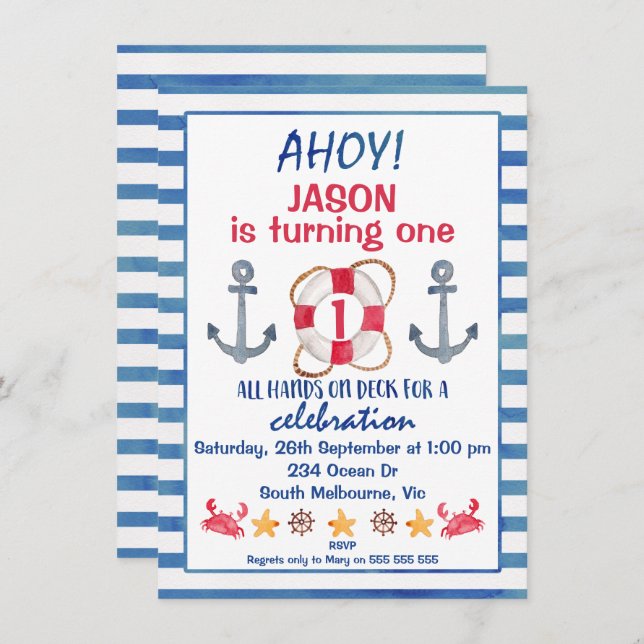Boys Watercolor Nautical Birthday Einladung (Vorne/Hinten)