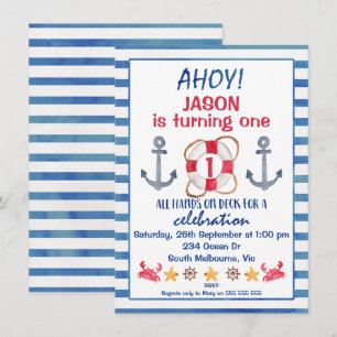 Boys Watercolor Nautique Anniversaire Invitation
