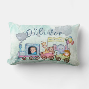 Boys Watercolor Train Birthday Foto Lendenkissen