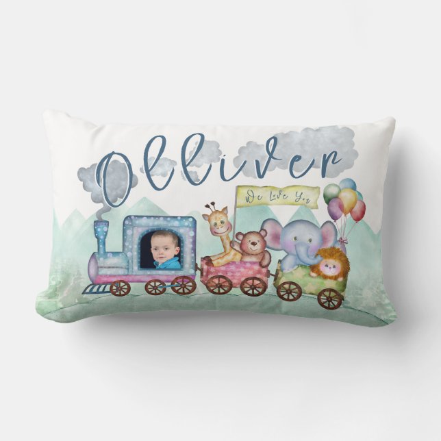 Boys Watercolor Train Birthday Foto Lendenkissen (Vorderseite)