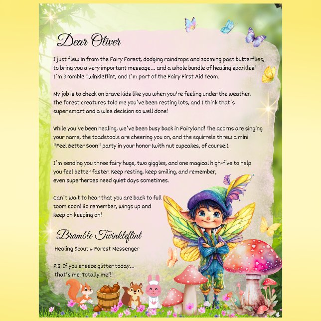 Boys werden bald gut geschrieben - Personalisiert (Boys Get Well Soon Fairy Letter – Personalized Printed Note from Bramble Twinkleflint)