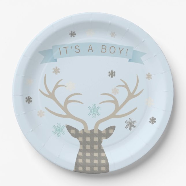 Boys Winter Wonderland Woodland Deer Baby Dusche Pappteller (Vorderseite)