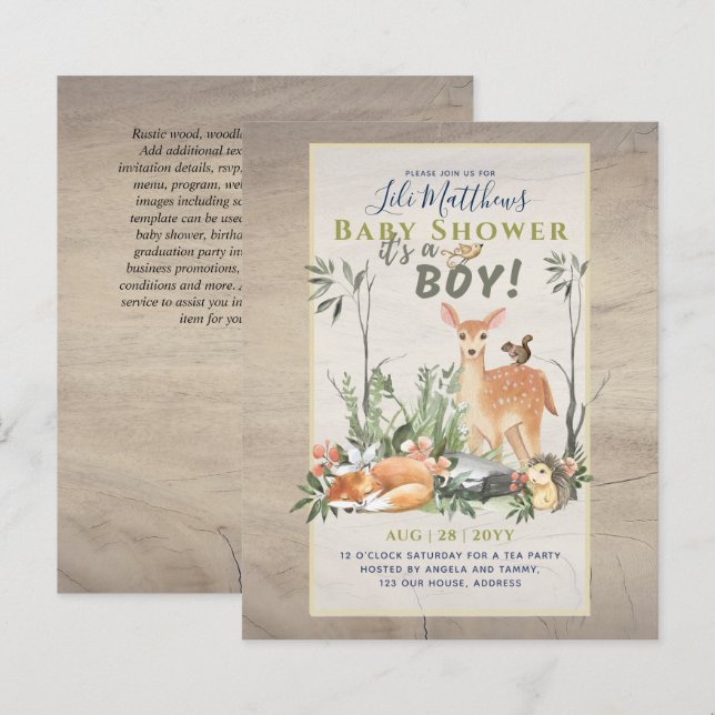 Boys Woodland Animals Forest Baby Shower lädt ein (Vorne/Hinten)