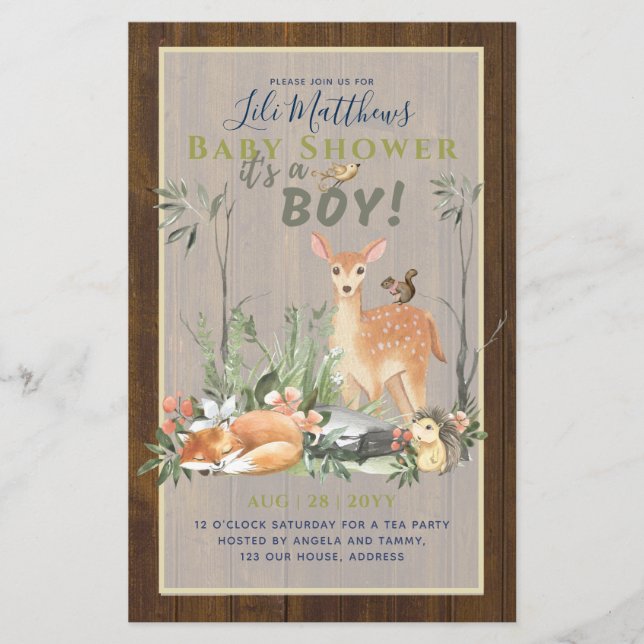 Boys Woodland Animals Forest Baby Shower lädt ein Flyer (Vorne)