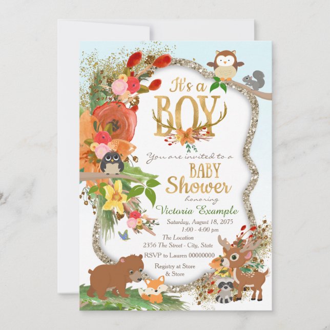 Boys Woodland Antler Babydusche Einladung (Vorderseite)
