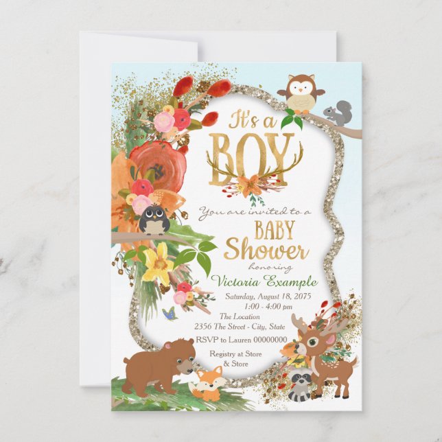 Boys Woodland Antler Babydusche Einladung (Vorderseite)