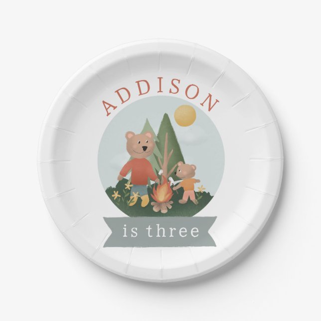 Boys Woodland Forest Camping Bears Birthday  Pappteller (Vorderseite)