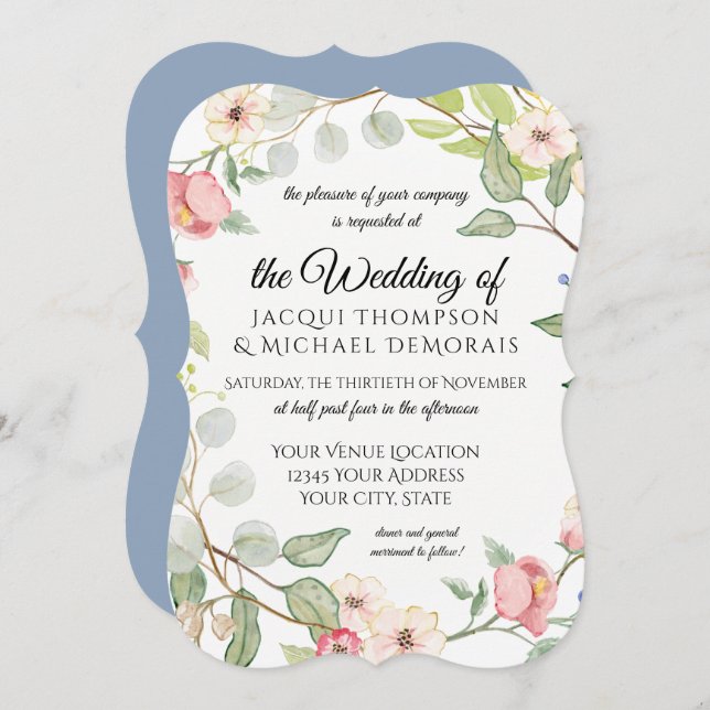 Bracket Frame Blue n Blush Pink Blume Einladung (Vorne/Hinten)