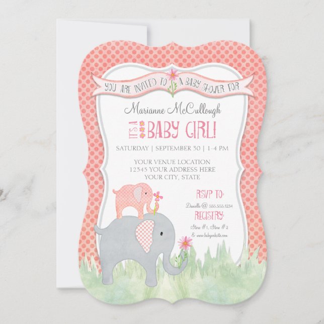 Bracket Niedlich Girl Babydusche Elephant Wasserfa Einladung (Vorderseite)