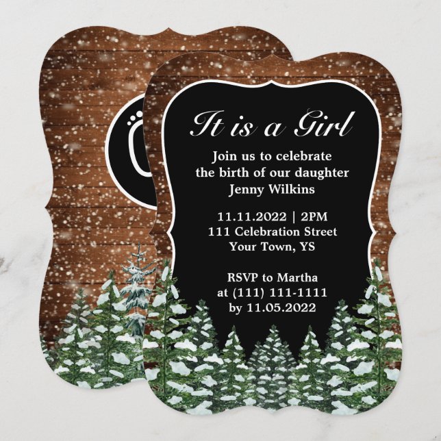 Bracket Snowy Wood & Forest Baby Girl Birth Einladung (Vorne/Hinten)