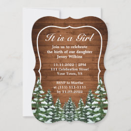 Bracket Snowy Wood & Forest Baby Girl Birth Einladung