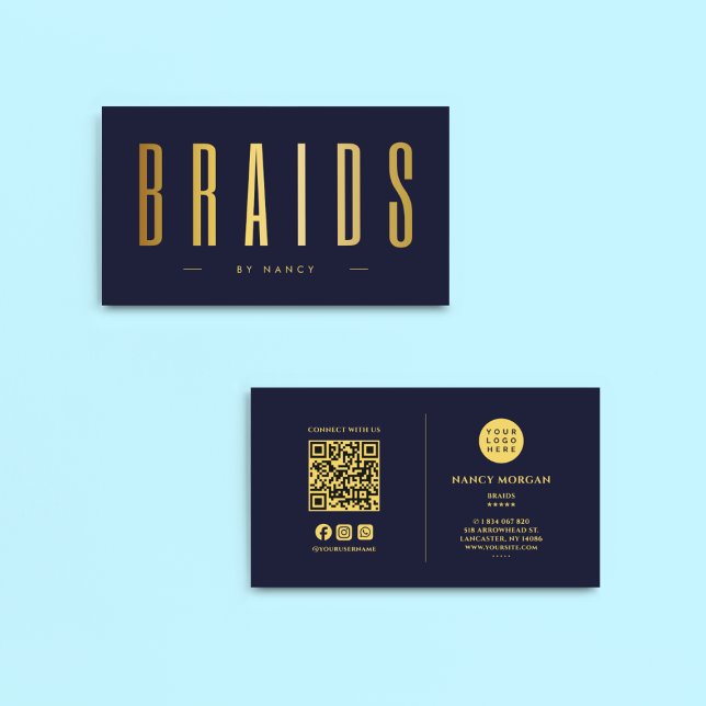Brads QR Code & Logos Navy und Gold Visitenkarte (Von Creator hochgeladen)