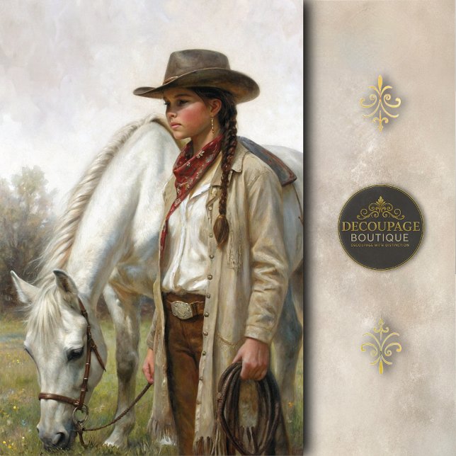 Braided Cowgirl With White Horse Decoupage Seidenpapier (Braided Cowgirl With White Horse Decoupage Tissue Paper)