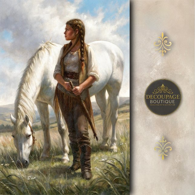 Braided Girl With White Horse Meadow Decoupage Seidenpapier (Braided Girl With White Horse Meadow Decoupage Tissue Paper)