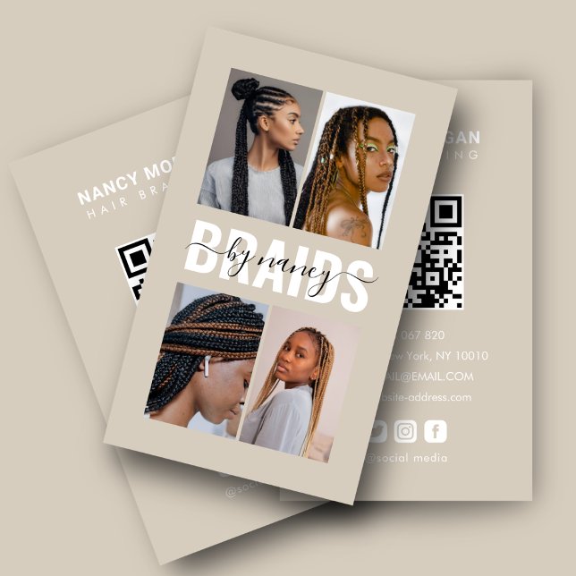 Braids Calligraphy Script Photo Collage Beige  Visitenkarte (Von Creator hochgeladen)