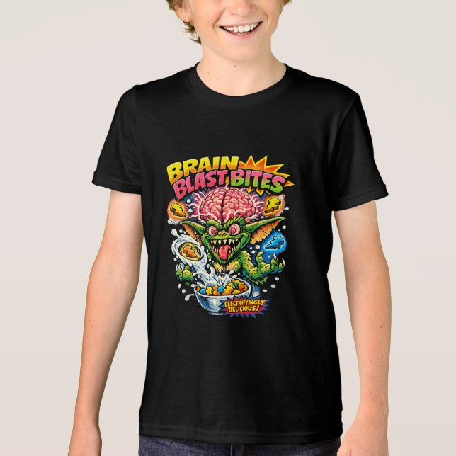 Brain Blast Bites Retro Cartoon Gremlin Cereal Par Tri-Blend Shirt (Vorderseite)