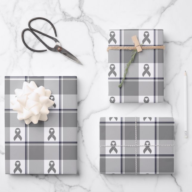 Brain Cancer Awareness Plaid Gray Ribbon Geschenkpapier Set (Vorderseite)