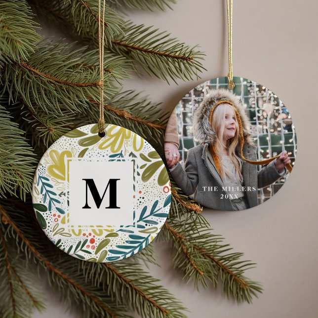 Bramble | Botanisches Monogramm-Foto Keramik Ornament (Watercolor botanical bramble family monogram photo ornament)